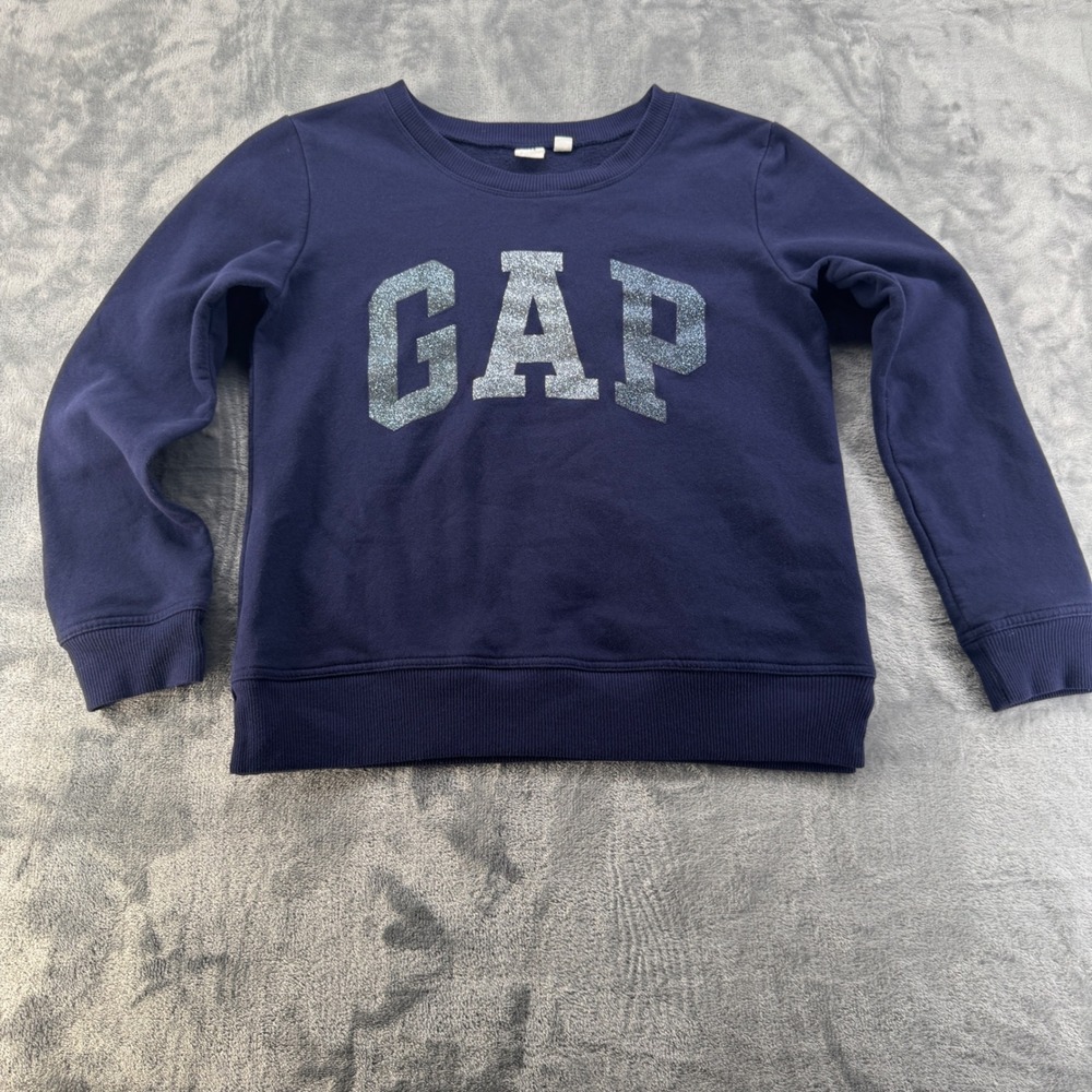 GAP Navy Blue Glitter Logo Crewneck Sweatshirt Womens Small Fleece Pullover